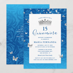 Invitation Elégant Rose bleu Couronne argent Floral Quinceane