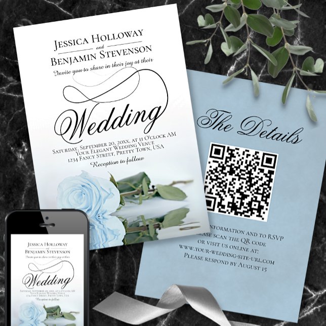Invitation Élégant Rose bleu Dusty Script QR Code Mariage (Créateur téléchargé)