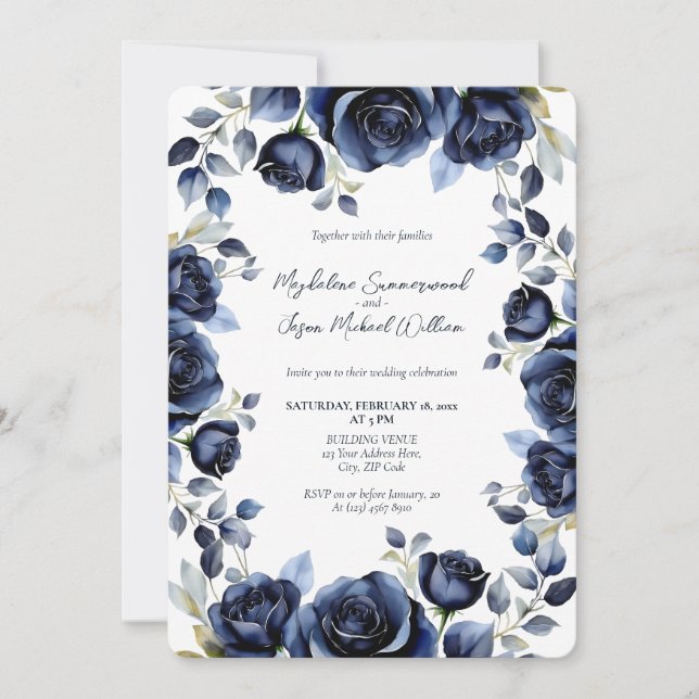Invitation Élégant Rose bleu marine Mariage Arrière - plan bl (Devant)