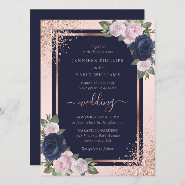 Invitation Elégant Rose bleu marine Mariage floral (Devant / Derrière)