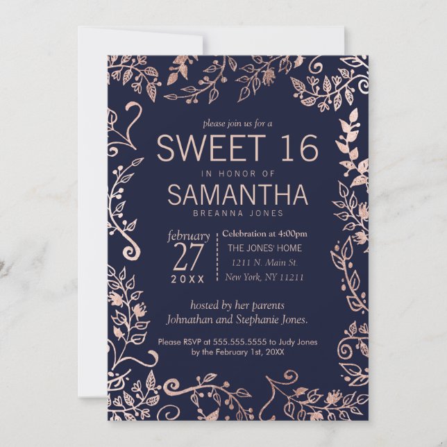 Invitation Elégant Rose bleu marine or Floral Sweet 16 Invita (Devant)