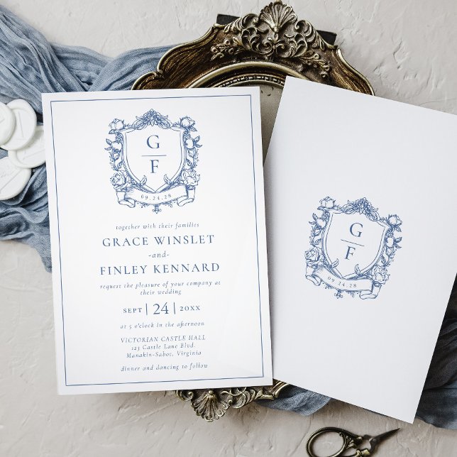 Invitation Élégant Rose Bleu Monogram Crest Mariage (Créateur téléchargé)