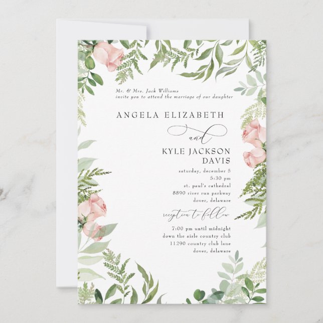 Invitation Elégant rose/Blush Floral Eucalyptus 2 Lieu (Devant)