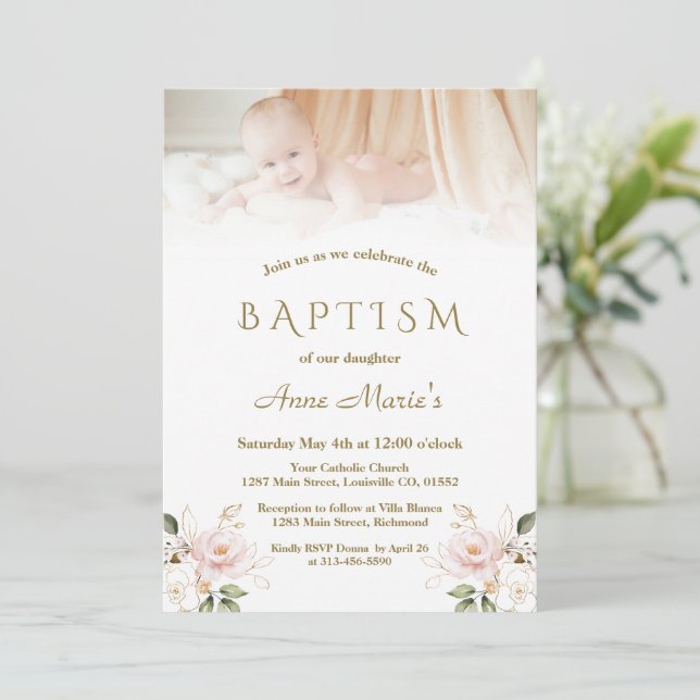 Invitation Élégant rose Blush Floral Gold Photo Girl Baptême (Debout devant)