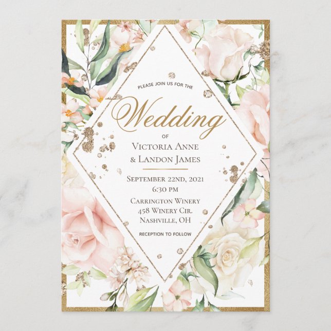 Invitation Élégant rose Blush Floral or Rustique Mariage (Devant)