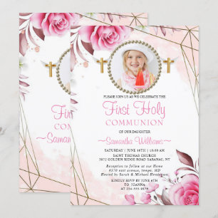 Invitation Élégant rose Blush Floral Photo Première communion