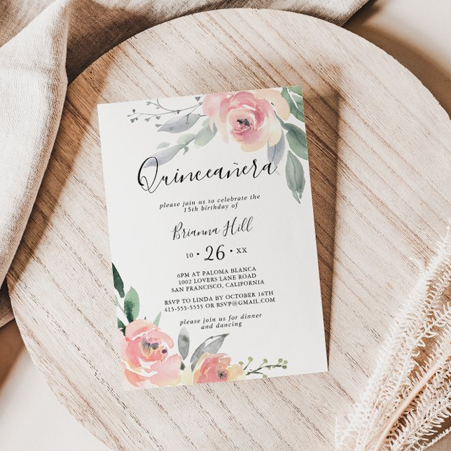 Invitation Elégant rose Blush Floral Quinceañera (Créateur téléchargé)