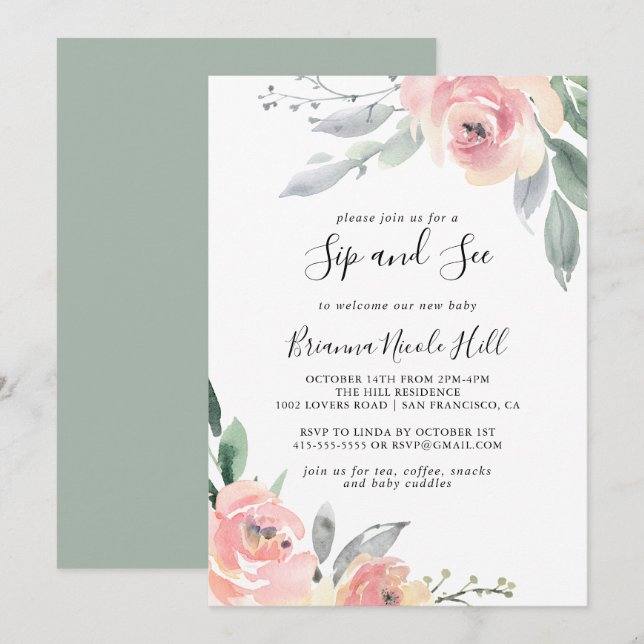Invitation Elégant rose Blush Floral Sip et voir (Devant / Derrière)