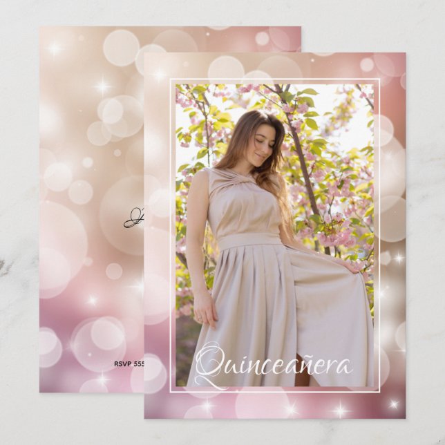 Invitation Elégant rose Blush Quinceañera Photo Anniversaire (Devant / Derrière)
