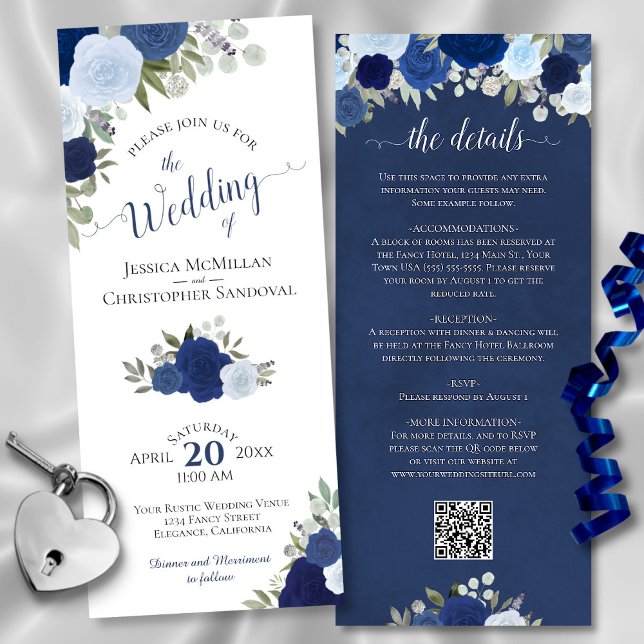 Invitation Elegant Rose Boho bleu QR Code Détails Mariage (Front/Back)