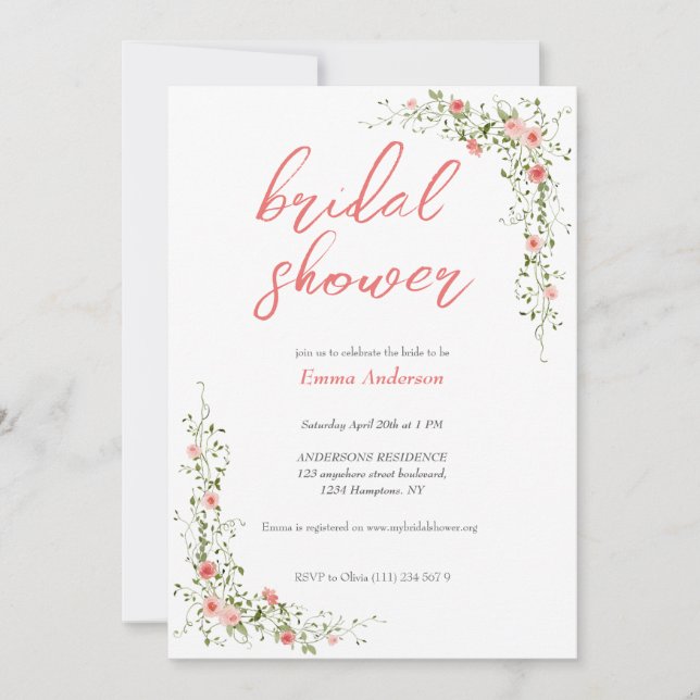 Invitation Élégant Rose botanique rose douche nuptiale (Devant)