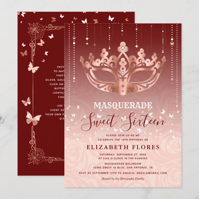 Invitation Elégant Rose Bourgogne Or Masquerade Sweet 16 (Devant / Derrière)