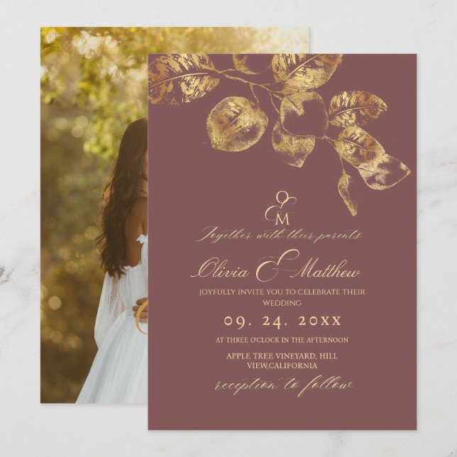 Invitation Élégant Rose Brown Pantone Gold Mariage (Devant / Derrière)