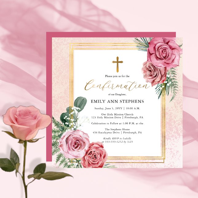 Invitation Élégant Rose | Cadre Floral en Or pour la Confirma (Elegant Pink and Gold Tone Floral Frame Girl Confirmation Square Invitation)