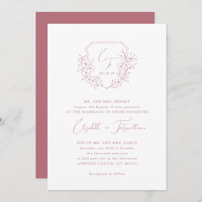 Invitation Élégant Rose Cerisier Blossom Monogramme Script Cr (Devant / Derrière)