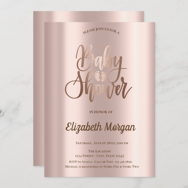 Invitation Élégant Rose chic Baby shower or (Devant / Derrière)