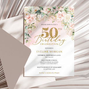 Invitation Elégant rose clair rose or vert 50e anniversaire