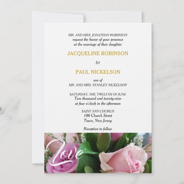 Invitation Élégant rose clair Roses Aimer or blanc (Devant)