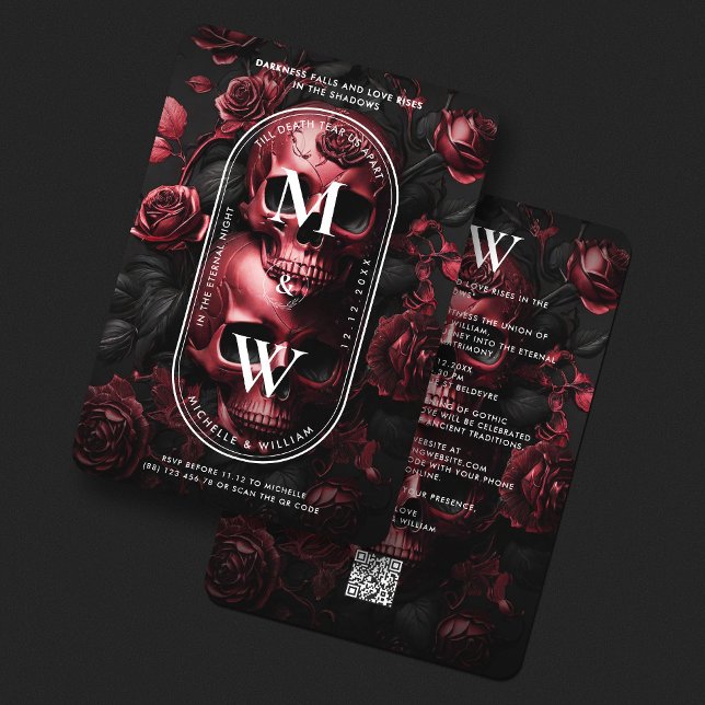 Invitation Élégant Rose crâne noir rouge Mariage gothique (Elegant Skull Roses Black Red Gothic Wedding Invitation
)
