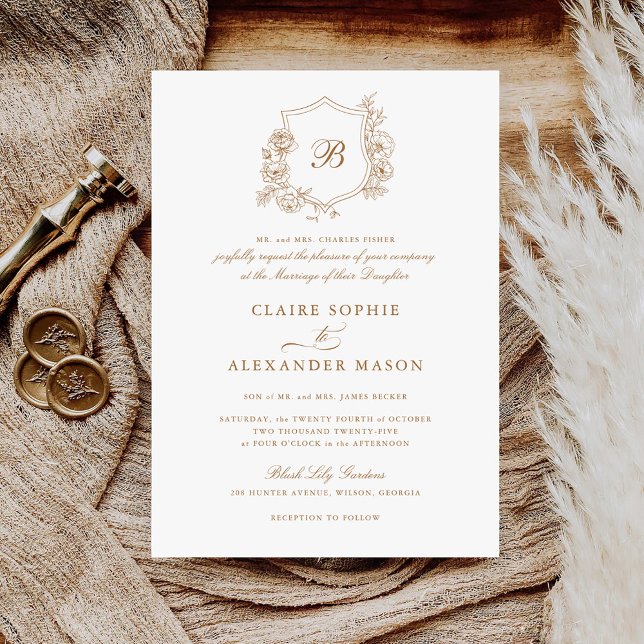 Invitation Élégant Rose Crest Mariage Monogram Gold (Créateur téléchargé)