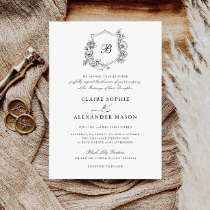 Invitation Élégant Rose  Crest Mariage Monogramme