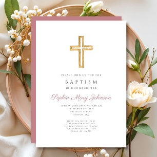 Invitation Élégant rose Croix Religieuse Fille Baptême