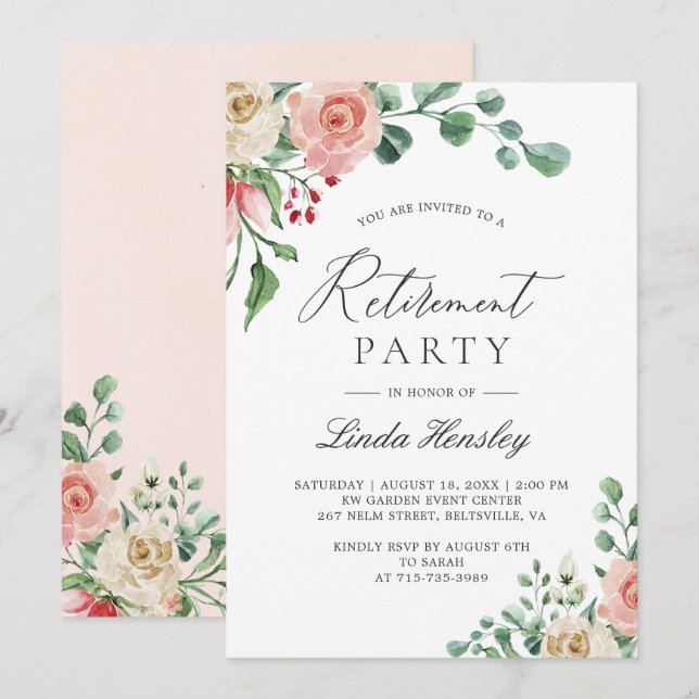 Invitation Elégant Rose d'aquarelle Floral Retirement Party (Devant / Derrière)