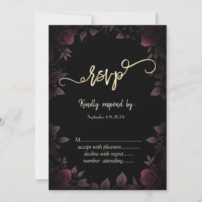 Invitation Élégant Rose de Bourgogne foncée noir RSVP (Devant)