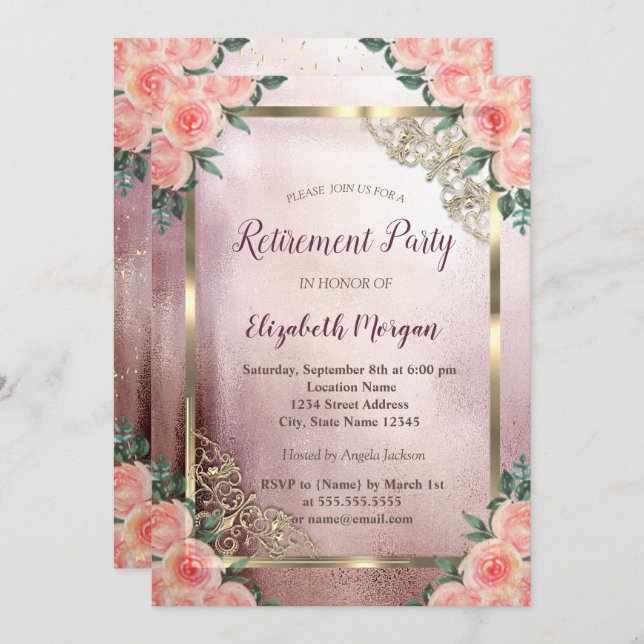 Invitation Élégant Rose de Bourgogne Gold Frame Retraite (Devant / Derrière)