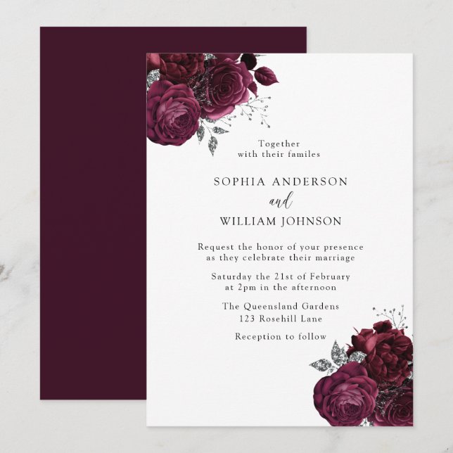 Invitation Élégant Rose de Bourgogne moderne Mariage floral (Devant / Derrière)