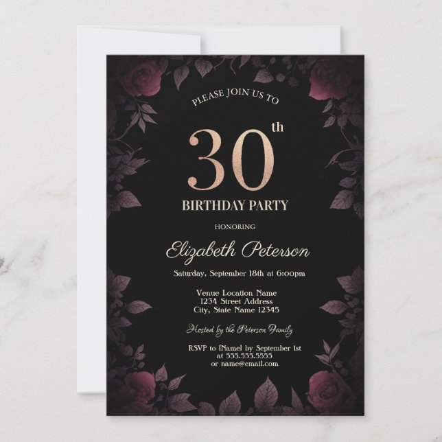 Invitation Elégant Rose de Bourgogne noire 30e anniversaire (Devant)