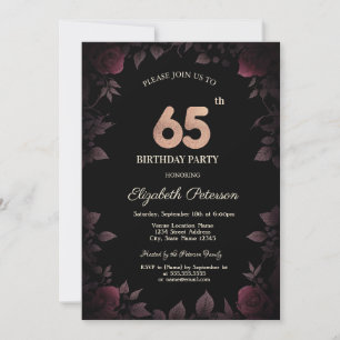 Invitation Élégant Rose de Bourgogne noire 65e anniversaire