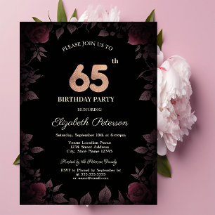 Invitation Élégant Rose de Bourgogne noire 65e anniversaire