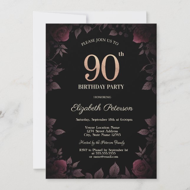 Invitation Elégant Rose de Bourgogne noire 90e anniversaire (Devant)