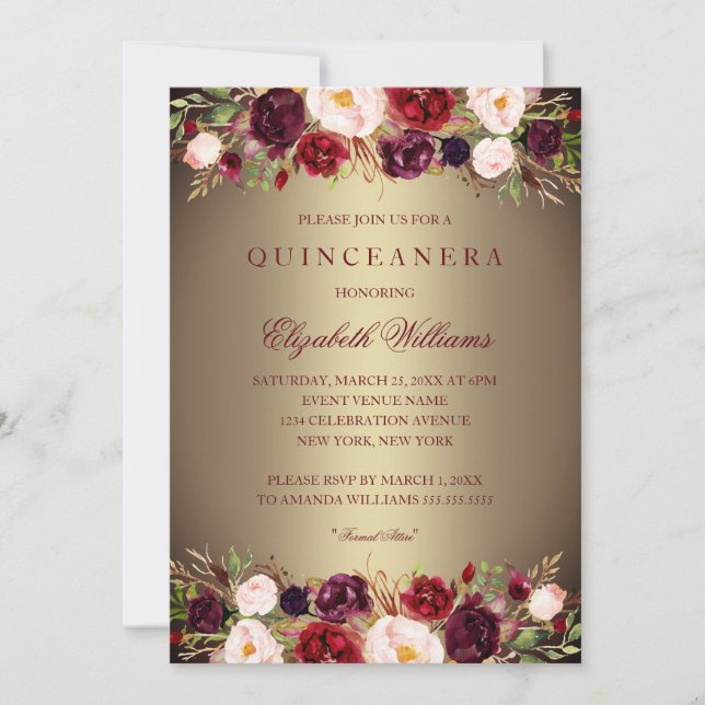 Invitation Elégant Rose de Bourgogne Or Quinceanera Invitatio (Devant)