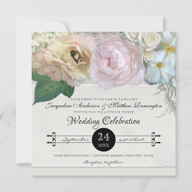 Invitation Elégant Rose de fleurs de pivoine florale Hydrange (Devant)
