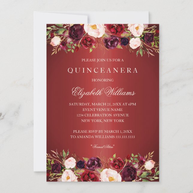 Invitation Élégant Rose de la Bourgogne rouge Quinceanera Inv (Devant)