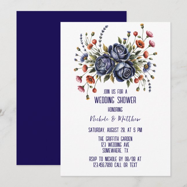 Invitation Élégant Rose de la marine et Mariage de fleurs en  (Devant / Derrière)