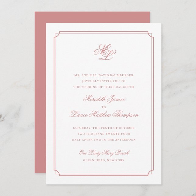 Invitation Élégant Rose de monogramme Mariage de script de br (Devant / Derrière)