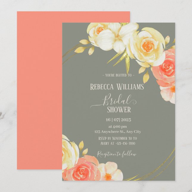 Invitation Elégant Rose de pêche Aquarelle & Sage Vert floral (Devant / Derrière)