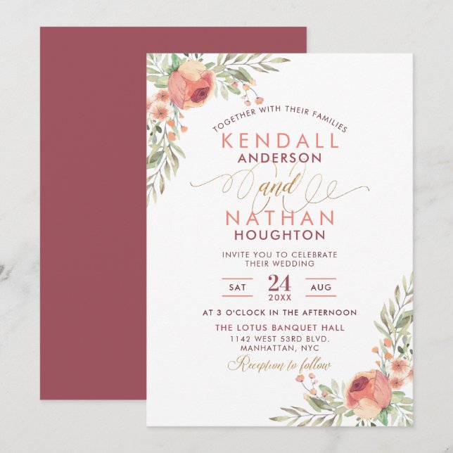 Invitation Élégant Rose de script Aquarelle Mariage floral (Devant / Derrière)