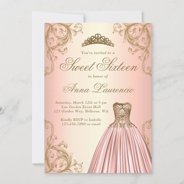 Invitation Élégant Rose décoratif Gold Sweet 16 (Devant)