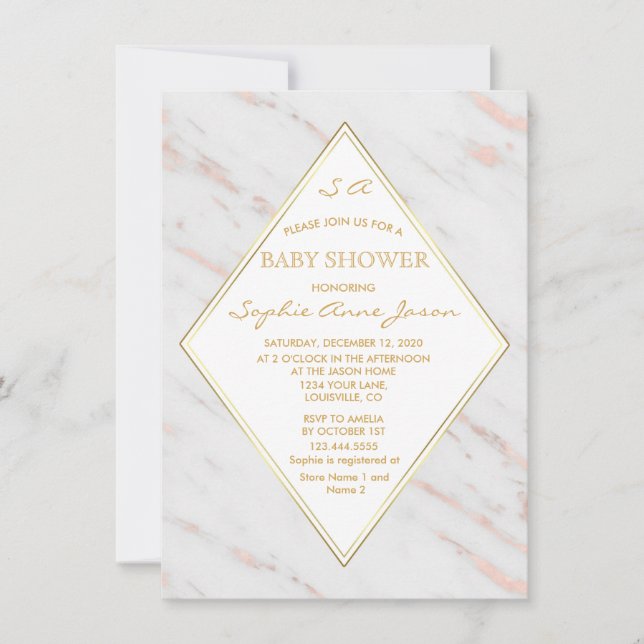 Invitation Elégant Rose Diamond  Gold Marble Baby shower (Devant)