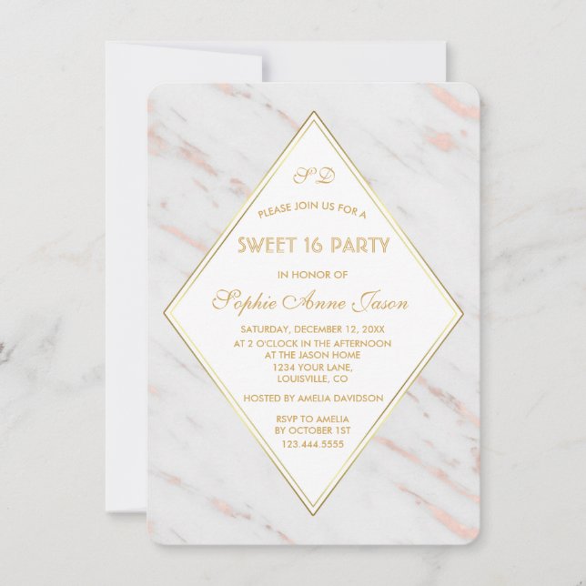 Invitation Elégant Rose Diamond Gold Marble SWEET 16 Parties (Devant)
