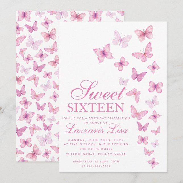 Invitation Elégant rose doux sixteent papillons Anniversaire (Devant / Derrière)