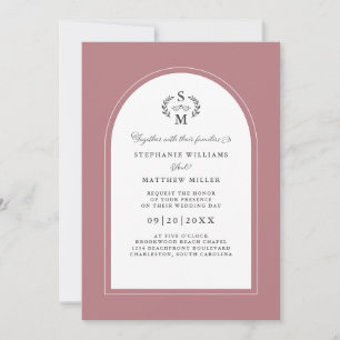 Invitation Élégant Rose Dusty Calligraphie Crest Arch Mariage