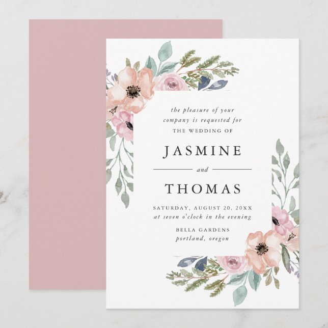 Invitation Elégant Rose Dusty et Mariage Floral Peach (Devant / Derrière)