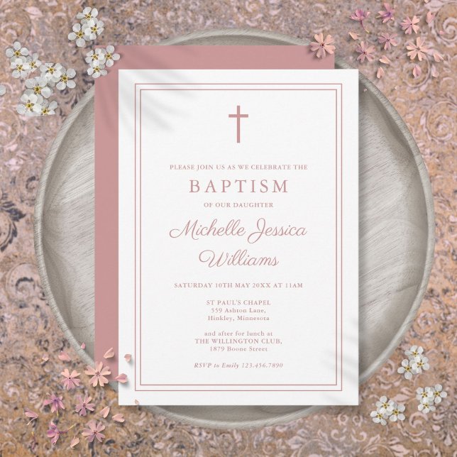 Invitation Élégant Rose Dusty moderne Baptême frontière rose (Modern Elegant Dusty Rose Pink Border Baptism Invitation)