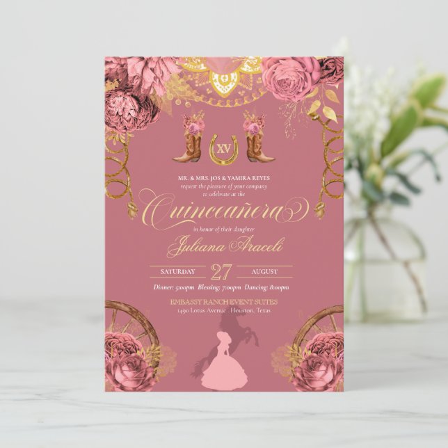 Invitation Élégant Rose Dusty Pink Charro Quinceanera (Debout devant)