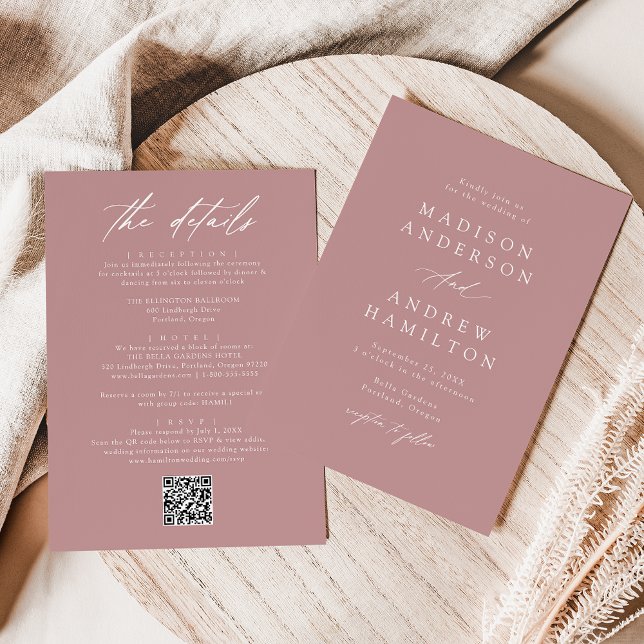 Invitation Élégant Rose Dusty tout en un Mariage de code QR (Créateur téléchargé)